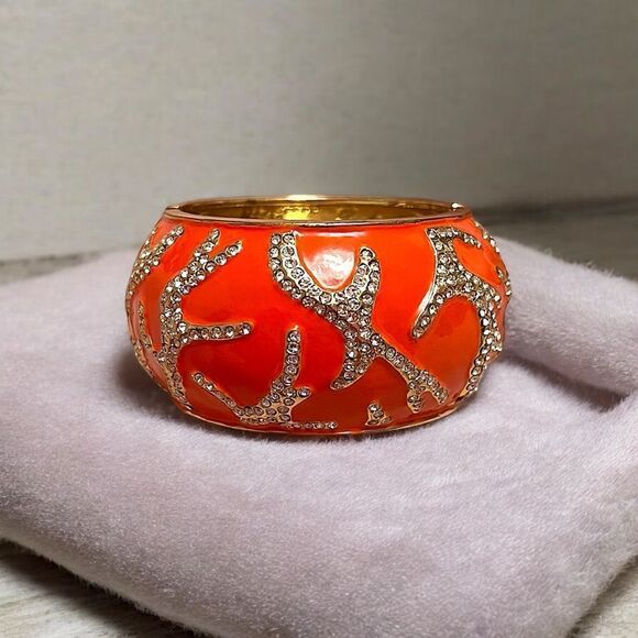 Sequin Orange And Gold Rhinestone Coral Reef Large Clamper Bangle Bracelet NWT - Picture 1 of 4